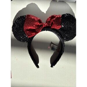 Authentic Disney Parks Minnie Mouse Ears Headband - Sequined Black with Red Bow